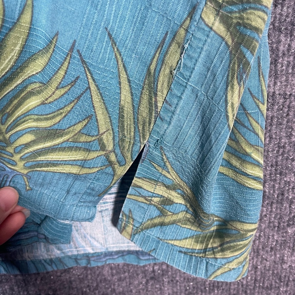 Island Republic Mens Large 100% Silk Blue Green Tropical Leaf Short Sleeve Shirt - Picture 9 of 10